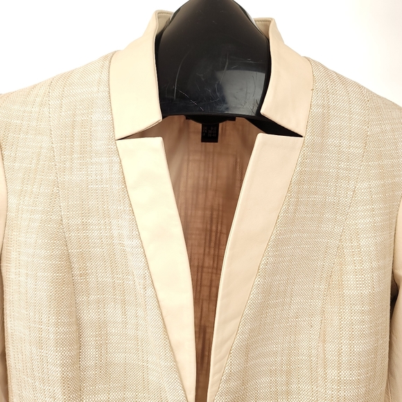 DANIER ITALIAN LEATHER/Tweed Jacket Stand Collar Faux Welt Pockets Cream Sz XS - Picture 1 of 11